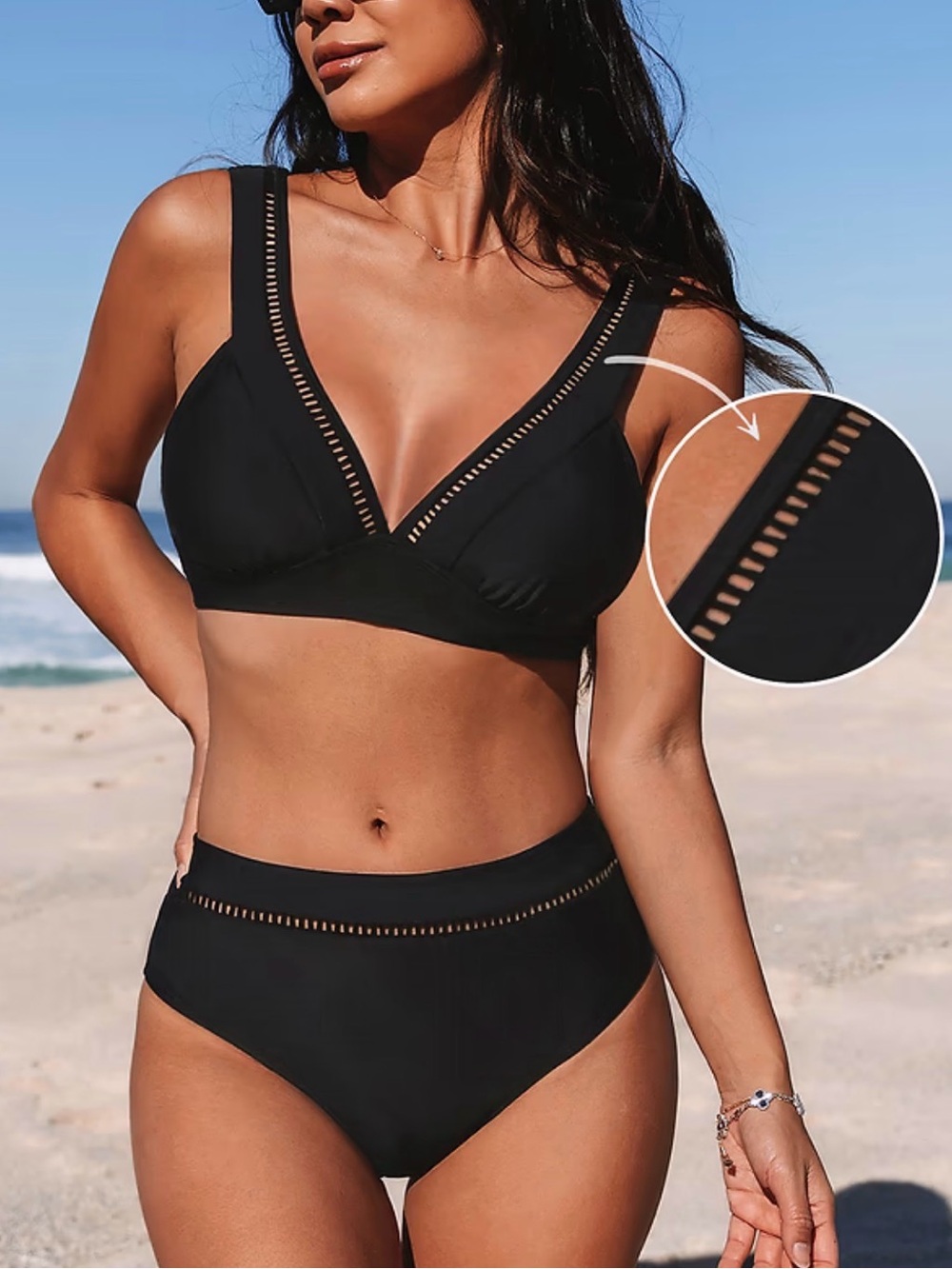 Black Ladder Trim Bikini Top & Standard Bottoms Set Large